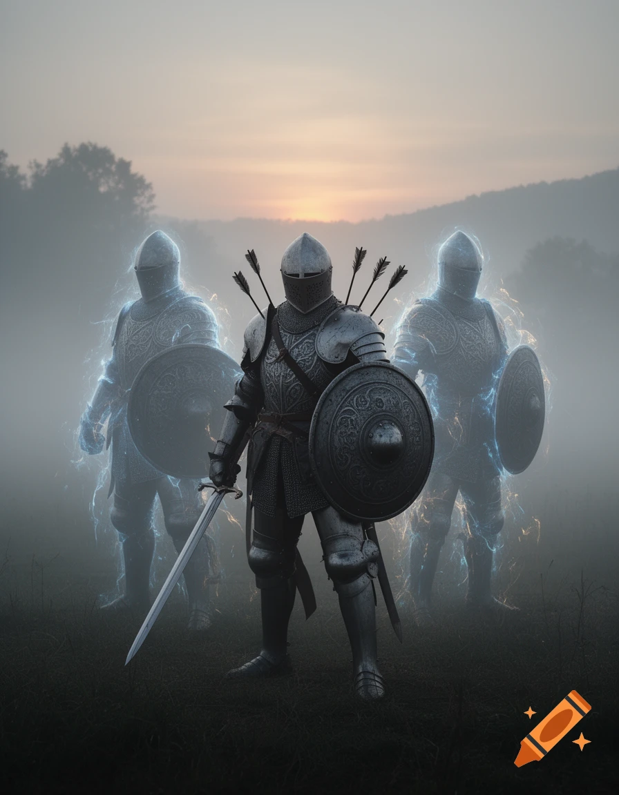 A central armored knight with a sword and shield, flanked by two glowing ghostly knights, stands in a misty field at sunset.
