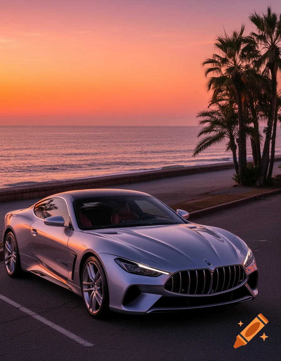 A sleek silver sports car parked by the ocean during a vibrant sunset, with palm trees visible on the right.