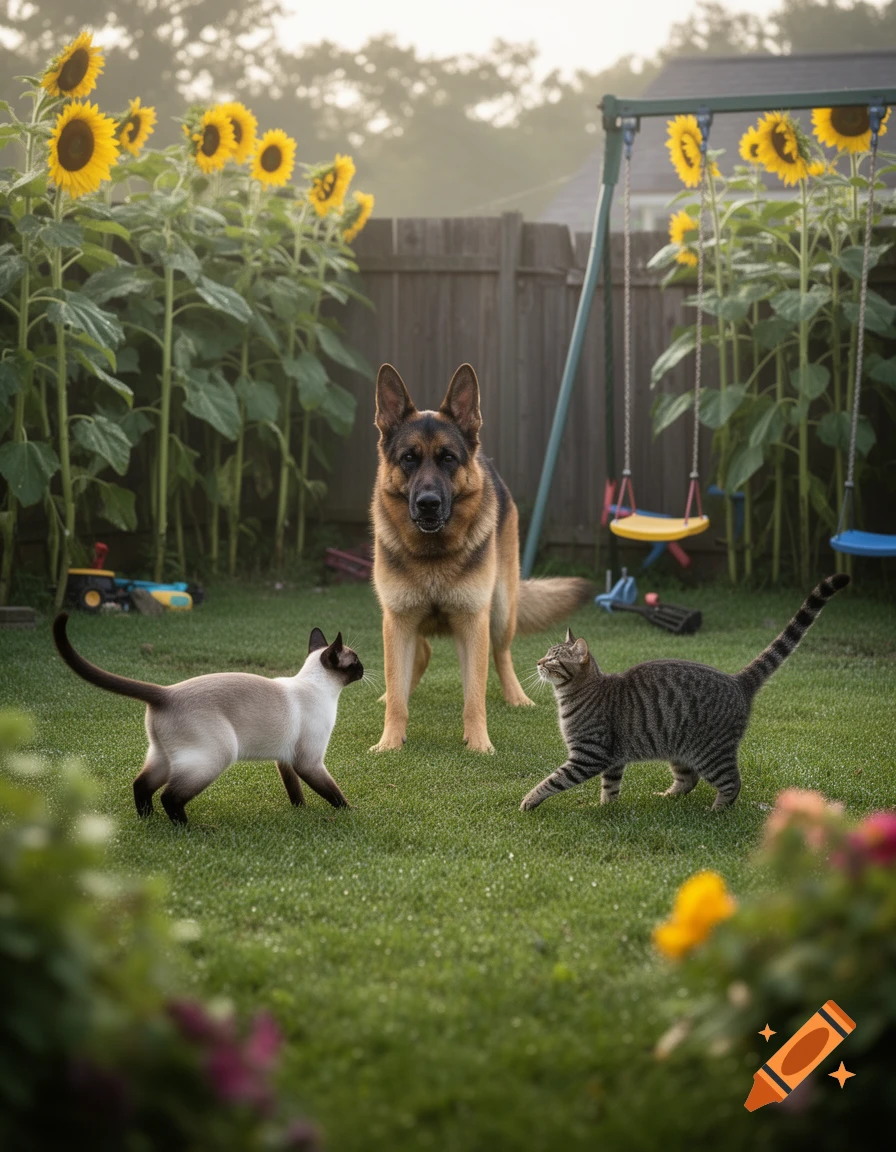 A German Shepherd stands between a Siamese cat and a tabby cat in a sunny backyard with sunflowers and a swing set.
