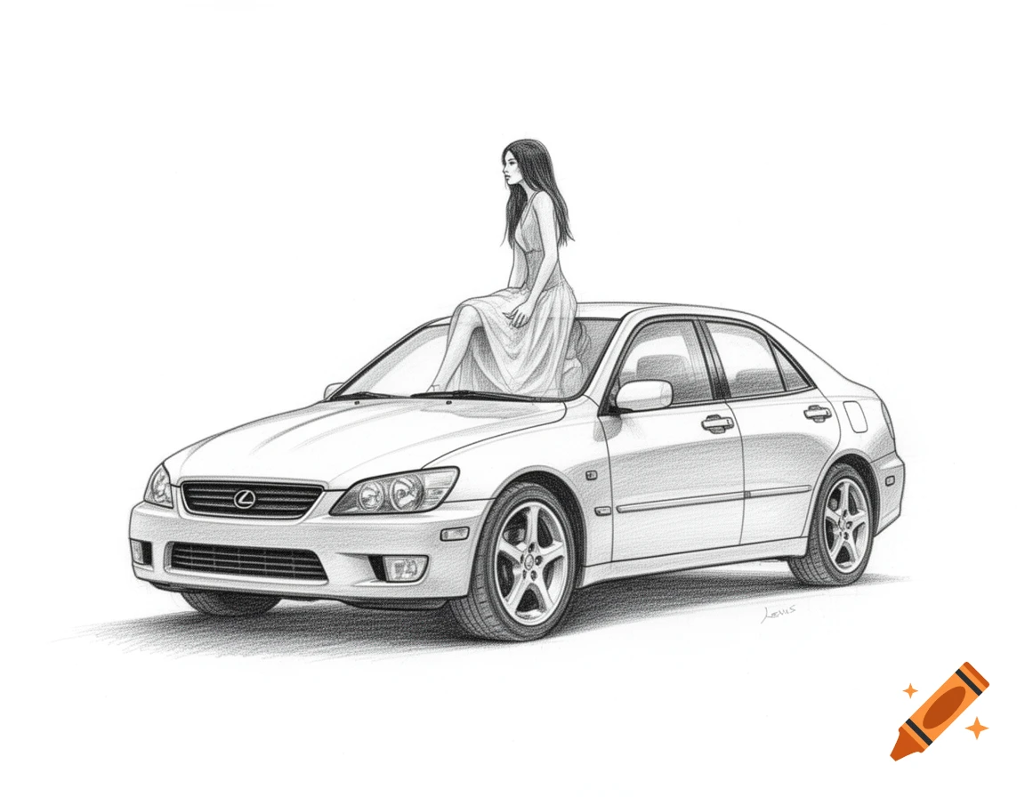 A detailed pencil sketch of a young woman posing on the hood of a white Lexus IS200 sedan.