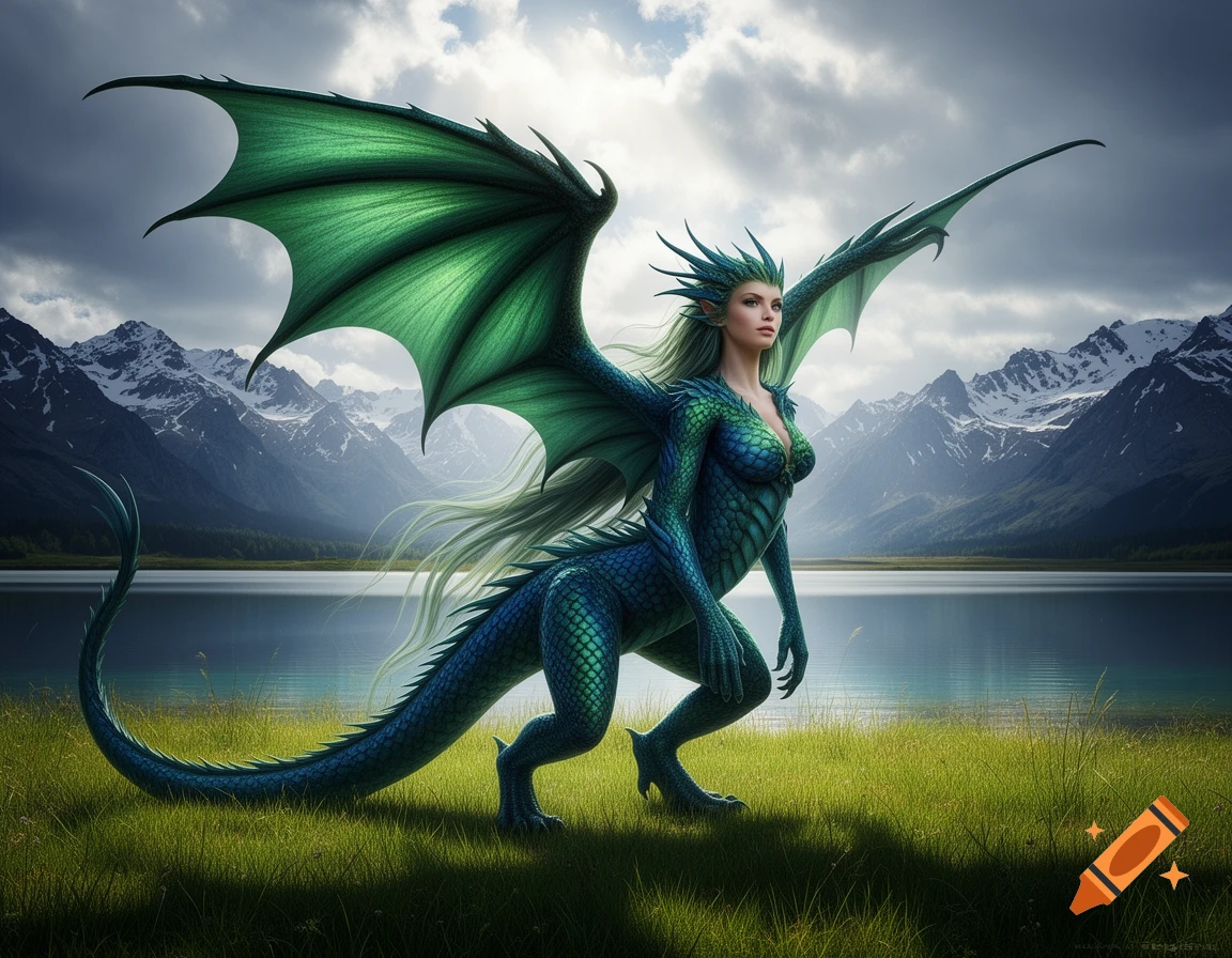 A green dragon centaur with large wings and long hair crouches in a grassy field by a lake, with snow-capped mountains.