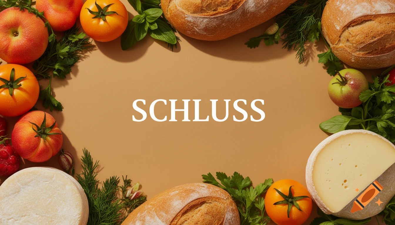 The word 'SCHLUSS' (end) centered on a brown background, framed by fresh produce and baked goods like tomatoes, bread, cheese, and herbs.