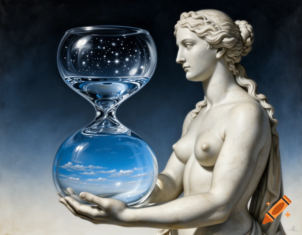 A marble classical female statue holds a water-filled hourglass reflecting a starry night sky above and a cloudy blue day sky below, in an oil painting style.
