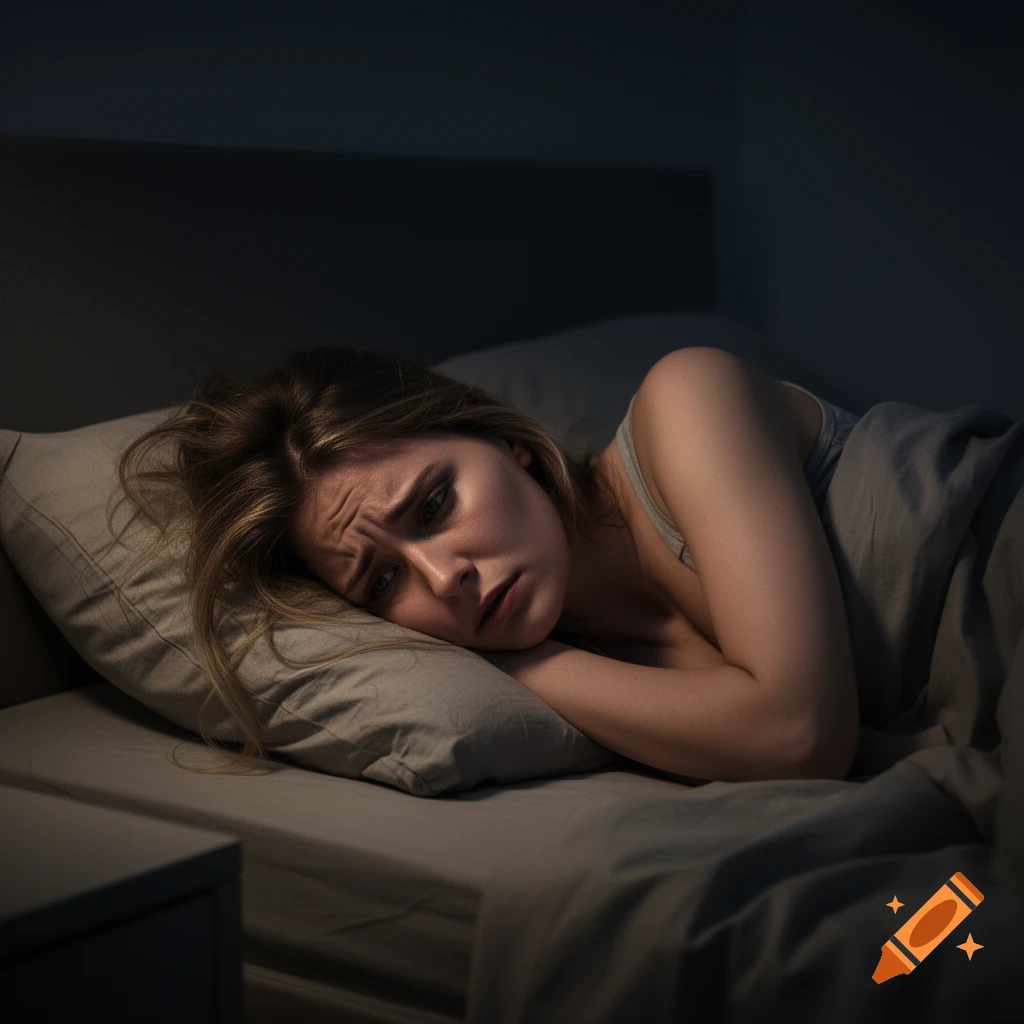 Photorealistic image of a woman with a frustrated expression lying in bed in a dark room.