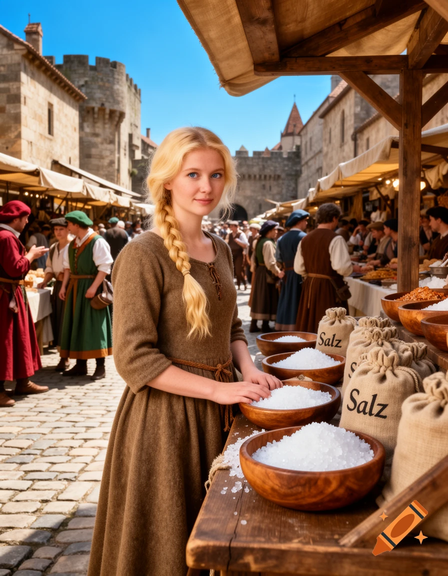 A blonde woman in a brown dress sells salt at a bustling medieval market under a blue sky.