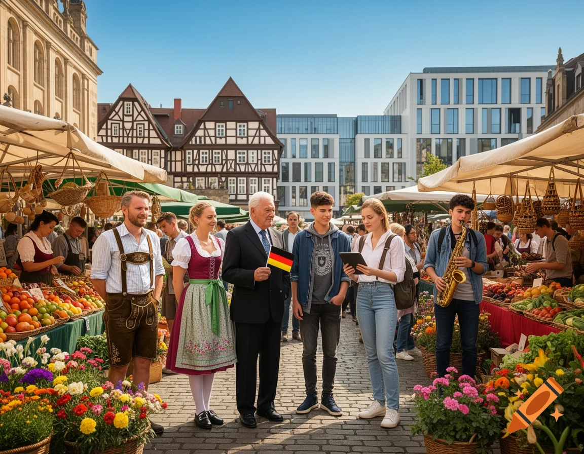 A diverse group of people, some in traditional German clothing, stands at a bustling outdoor market with fruit and flower stalls, and historic architecture. A boy plays the saxophone.