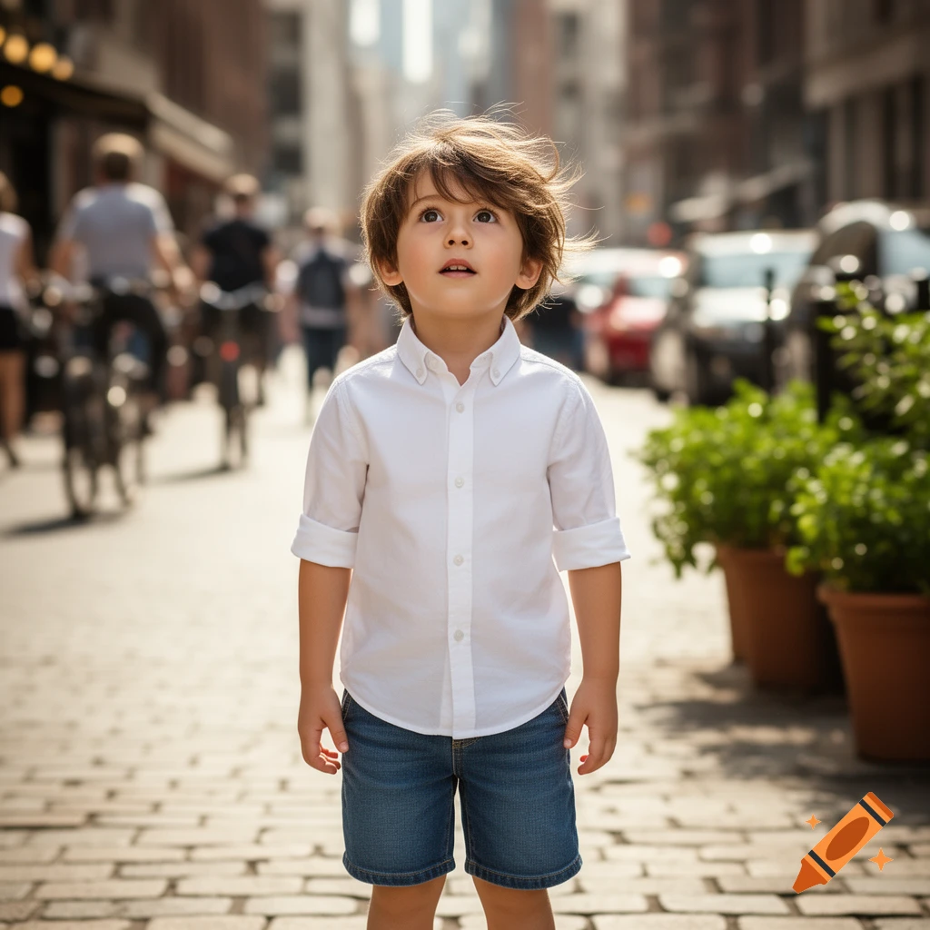 A young boy in a white shirt and denim shorts stands on a cobblestone street, looking up at a blurry city background.