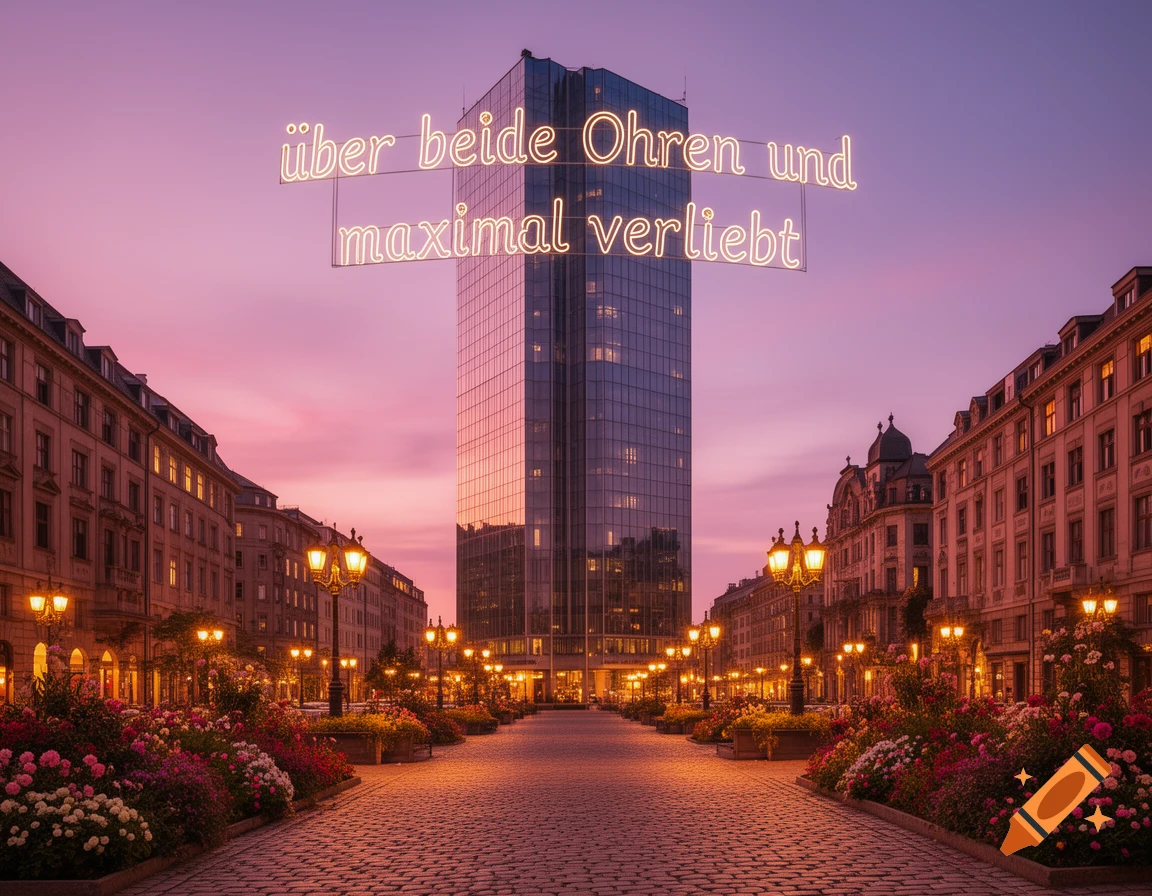A city street at sunset with a skyscraper, historic buildings, flowerbeds, and neon text 'über beide Ohren und maximal verliebt' in the pink and purple sky.