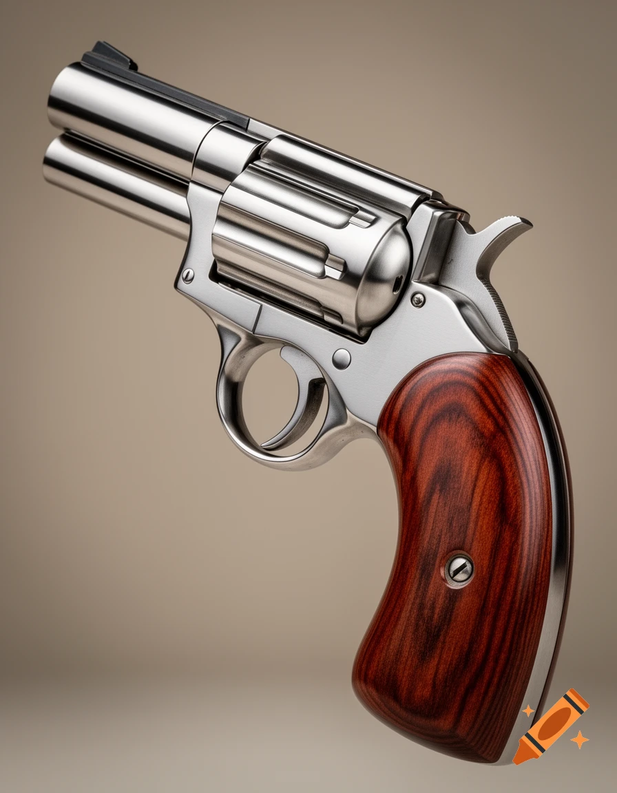 A shiny stainless steel revolver with dark red rosewood grips, against a light brown background.
