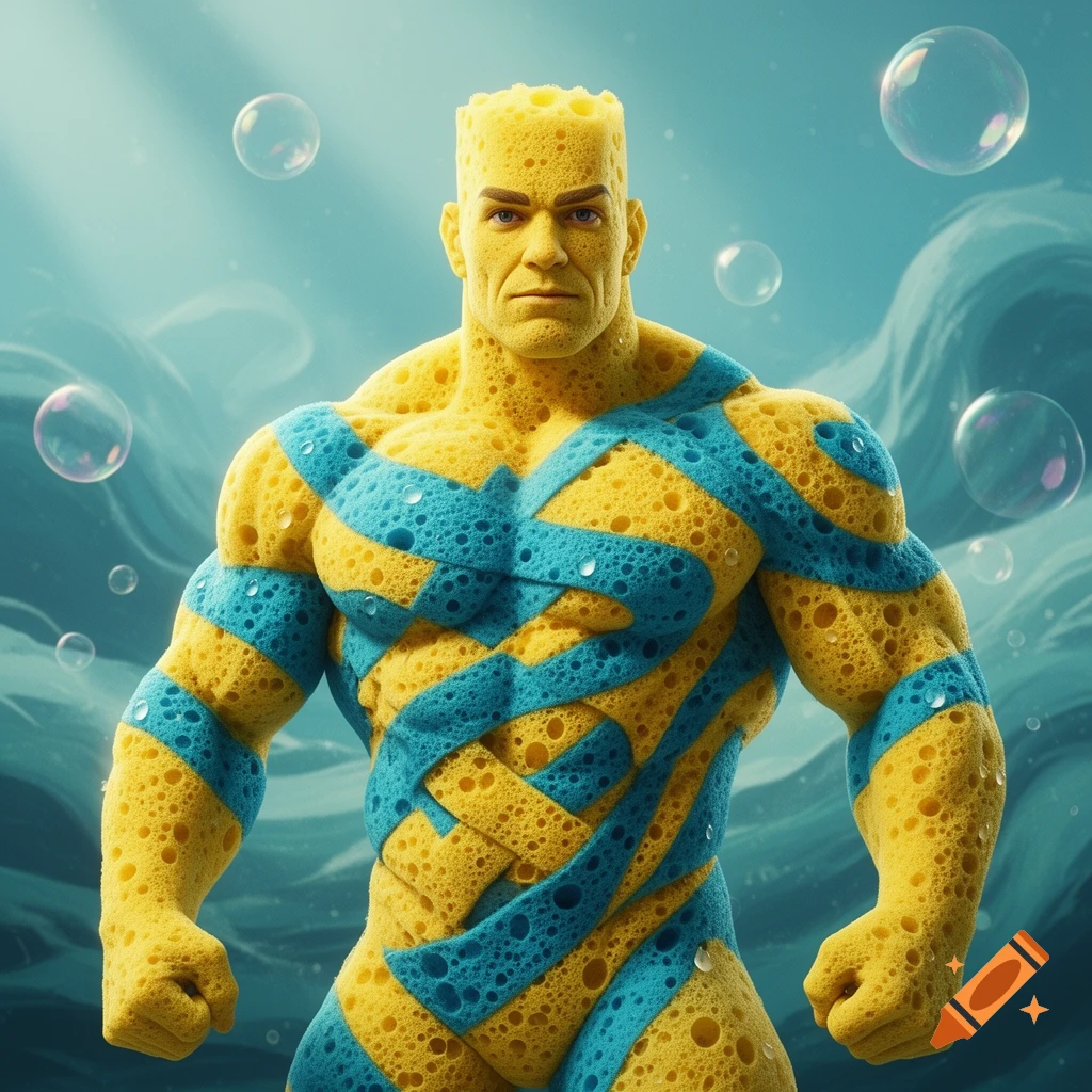 A muscular man with yellow and blue sponge skin, resembling a superhero, stands in a bubbly, wavy blue water environment.