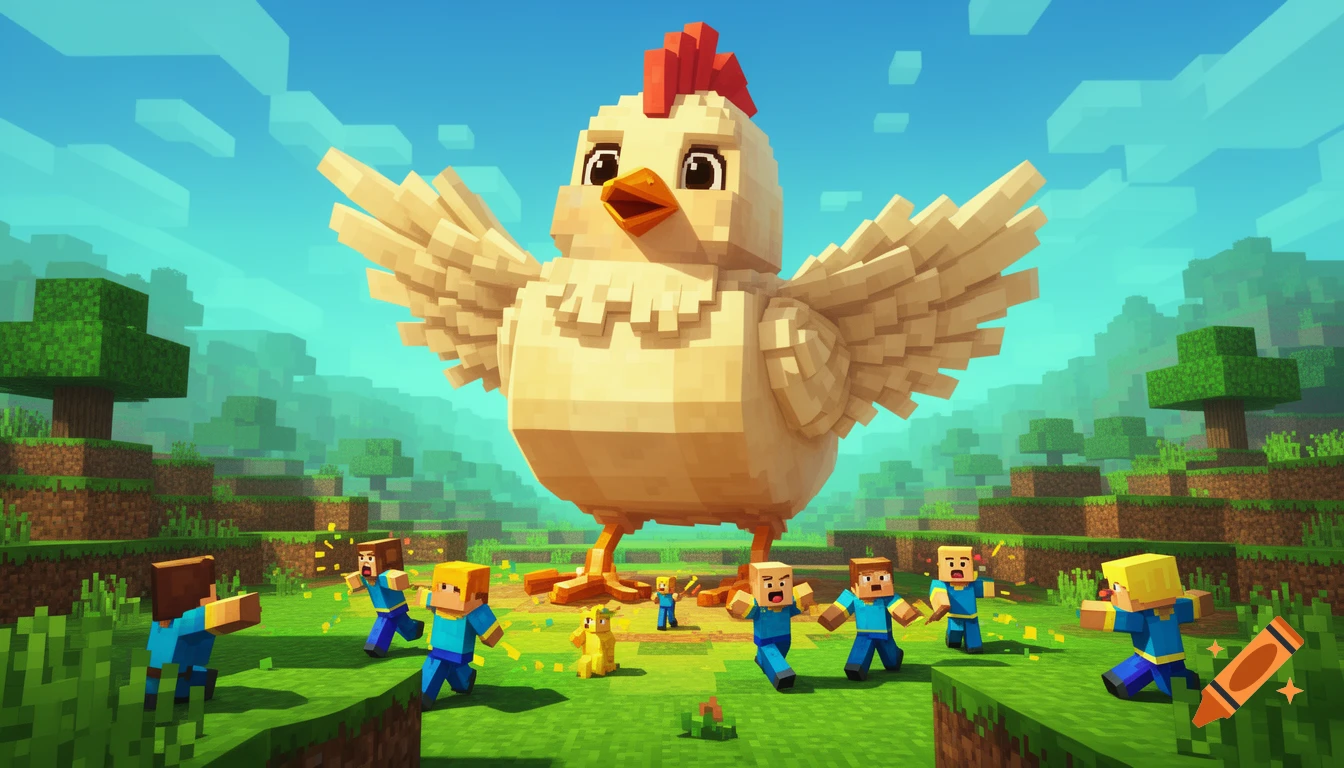 A massive blocky Minecraft chicken stands in a pixelated landscape with small Minecraft characters running below it.