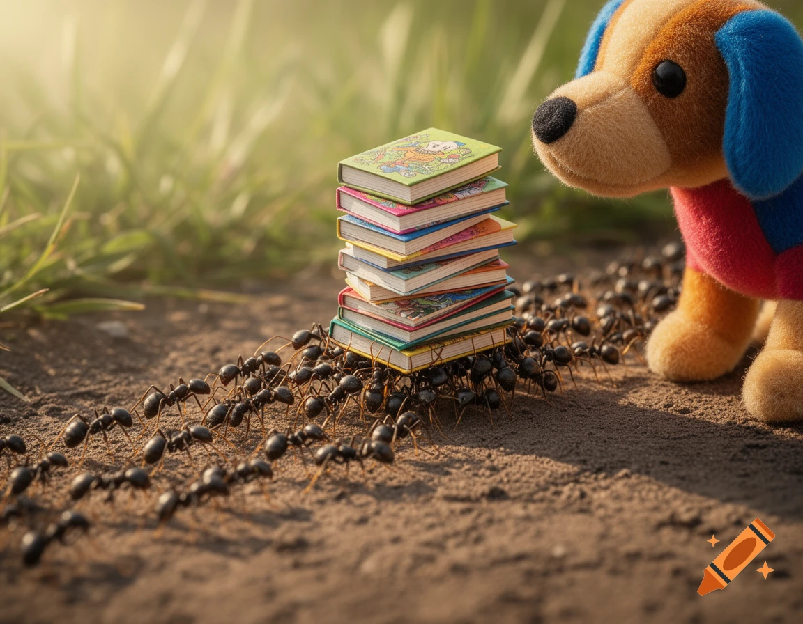 A long line of ants carries a stack of miniature books on a dirt path next to a plush dog, set outdoors in a photorealistic style.