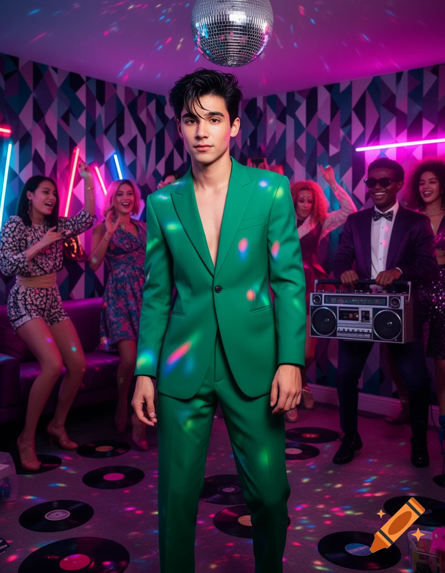 A man in a green suit stands at the center of a vibrant 1980s disco party with people dancing and a disco ball reflecting colorful lights.