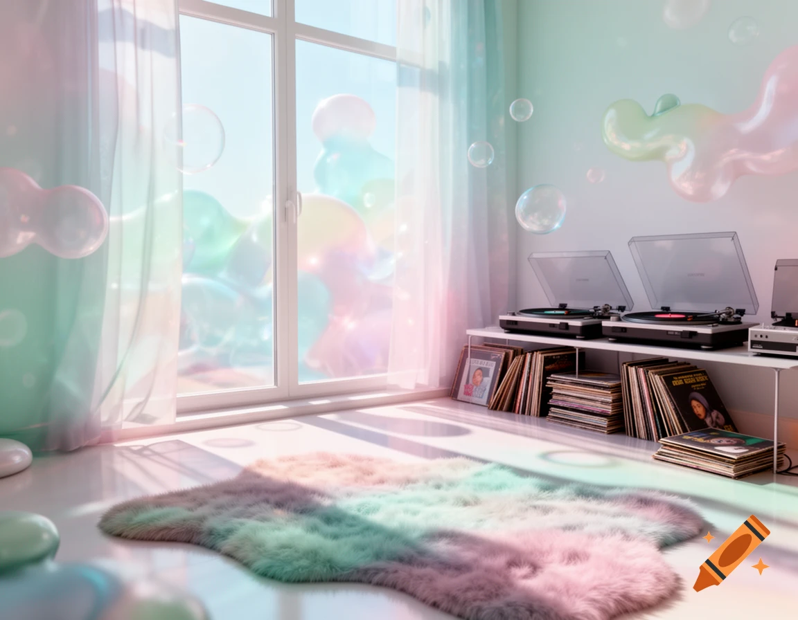 A pastel-colored room with sunlight streaming through an open window, sheer curtains, a fuzzy rug, and record players on a shelf, surrounded by floating bubbles, in a surreal, lofi style.