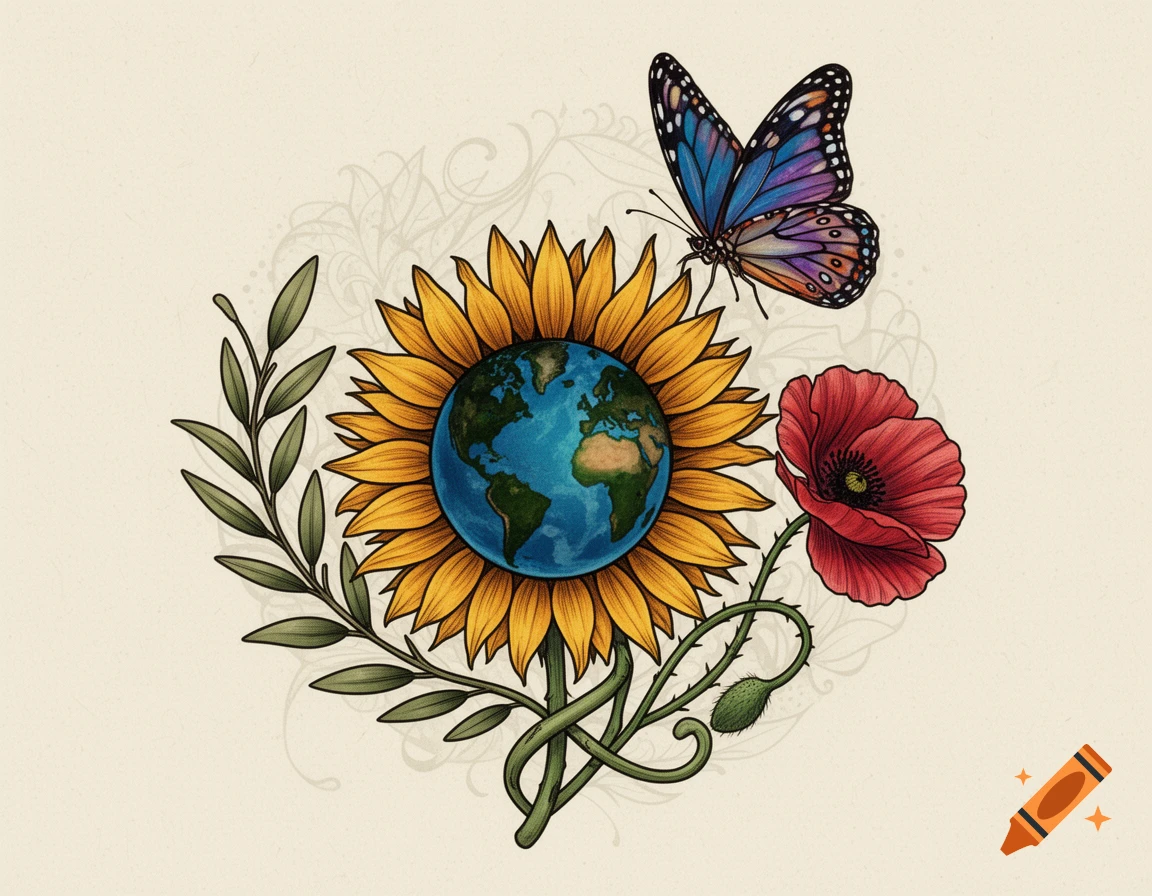 Illustrated tattoo design of Earth at the center of a sunflower, flanked by an olive branch and a red poppy, with a blue butterfly above.