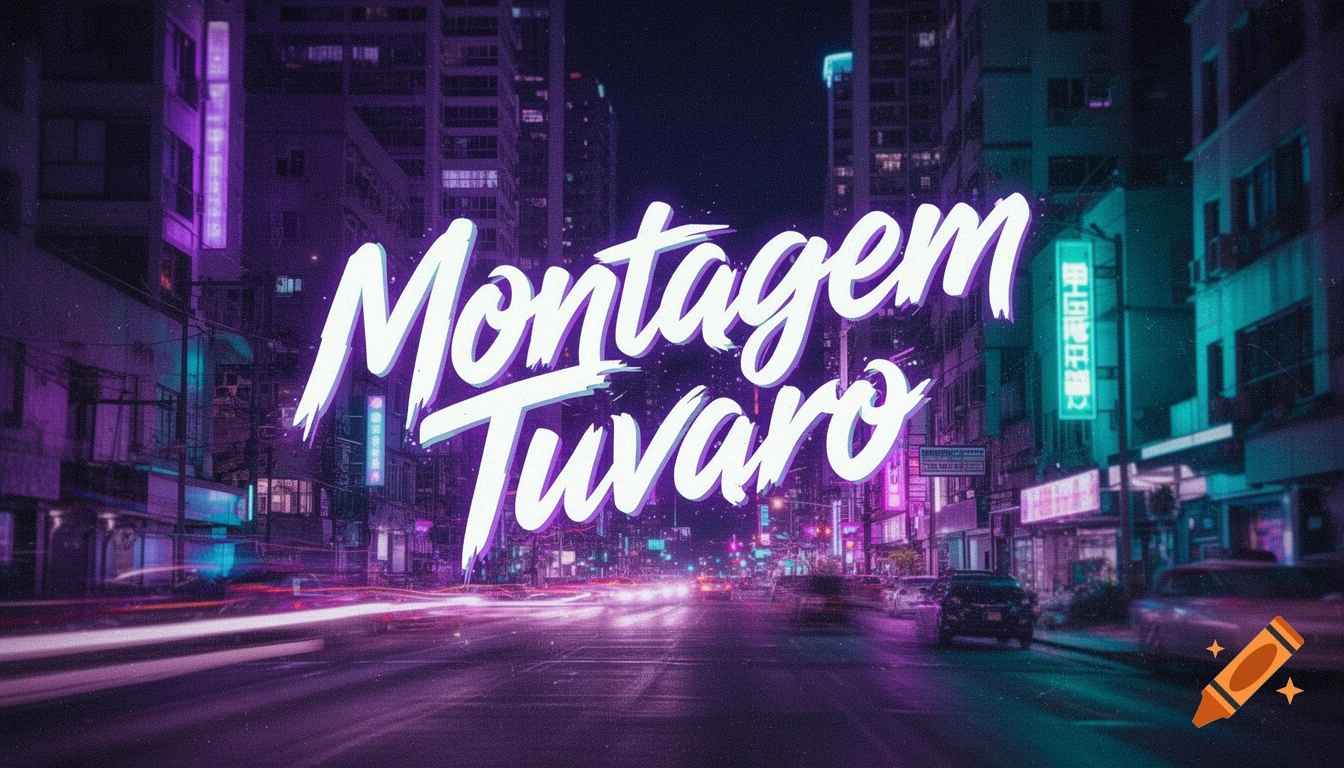 Neon-lit night cityscape with motion-blurred street and cars, vibrant purple and teal hues, featuring large white text 'Montagem Tuvaro'.