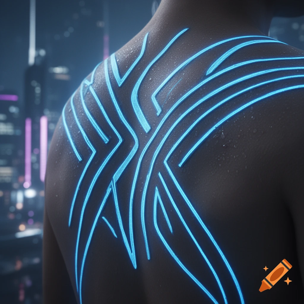 Close-up of a person's back with glowing blue sci-fi tribal lines against a blurry futuristic city background.
