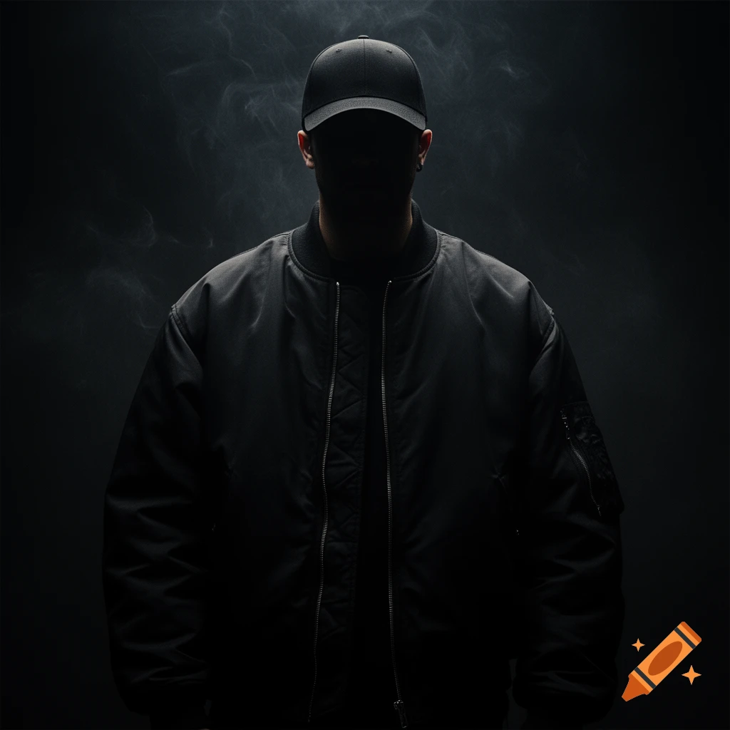 A man in a black baseball cap and bomber jacket, his face obscured by shadow, dramatically lit against a smoky dark background.