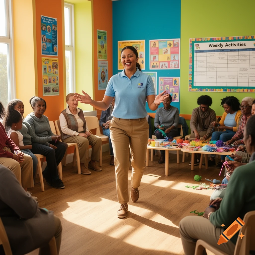 A smiling activities coordinator in a blue polo shirt gestures while leading a diverse group in a colorful community room, some doing crafts.