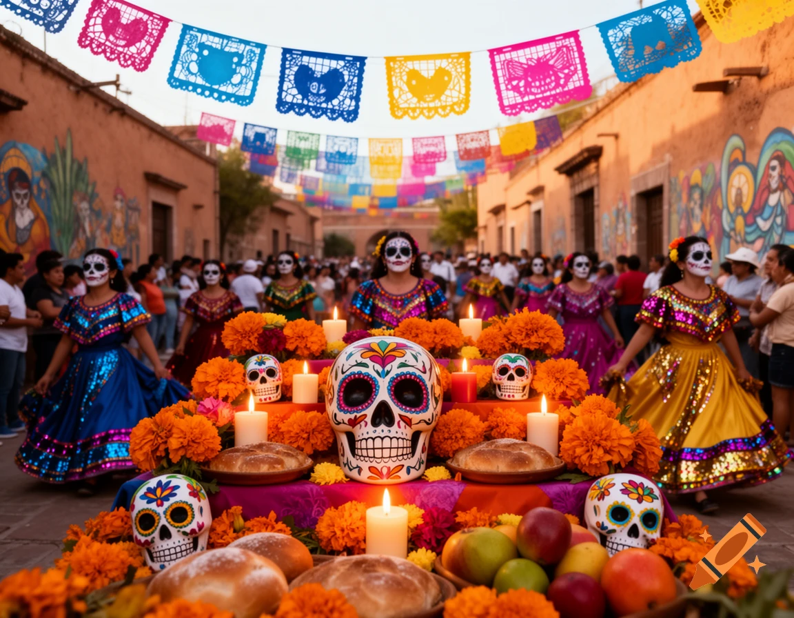 A vibrant Dia de los Muertos celebration with people in traditional dresses and skull makeup, marigold altars, and colorful papel picado banners.