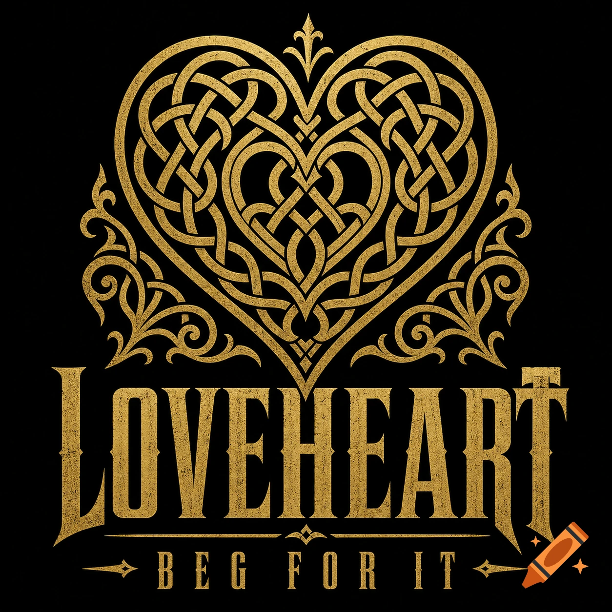 A gold ornate Celtic knot heart above "LOVEHEART" and "BEG FOR IT" text on a black background, in a distressed, heraldic style.