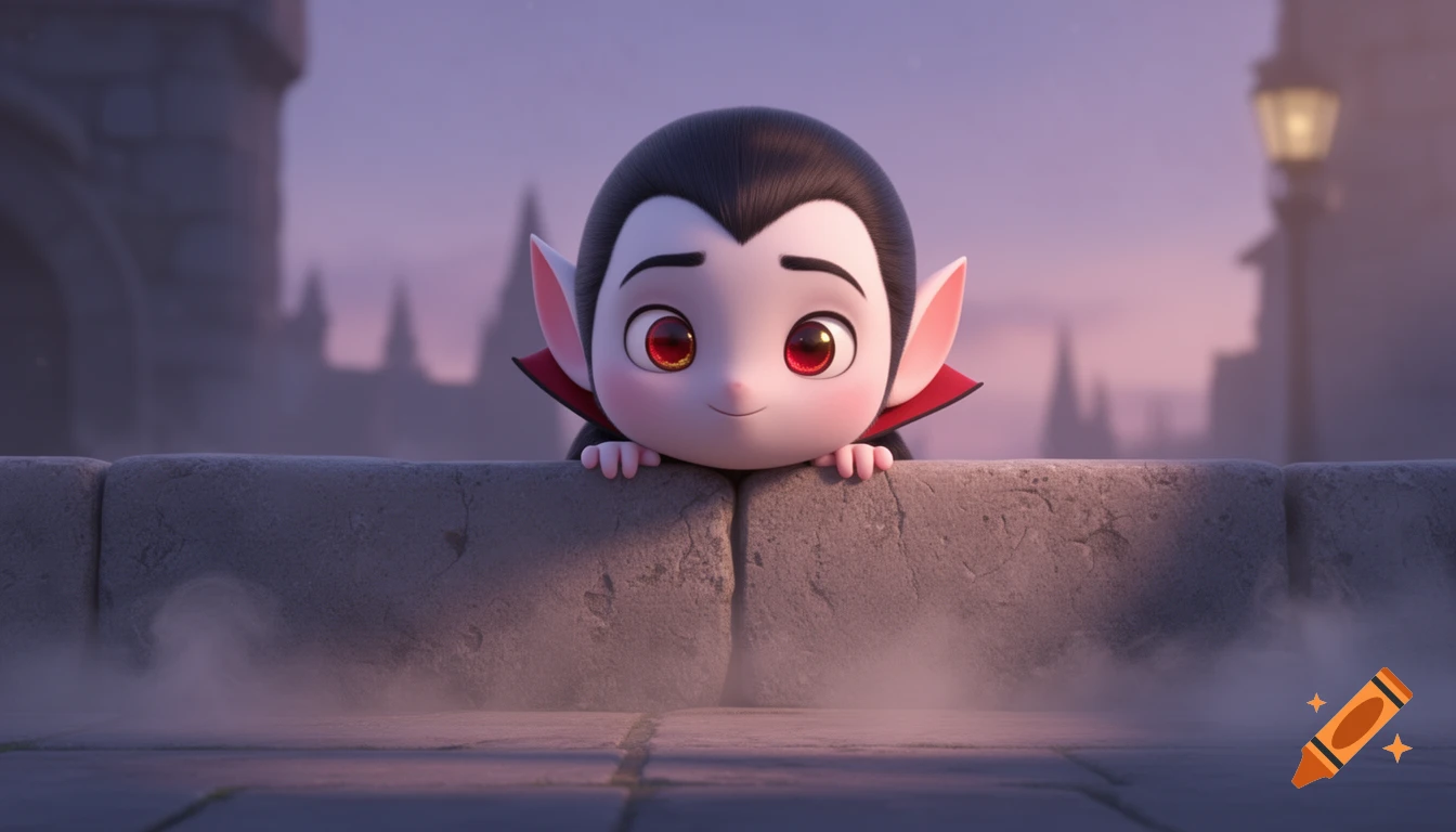 A cute cartoon vampire with large red eyes and fangs peeks over a stone wall at dusk, with blurred city buildings in the background.