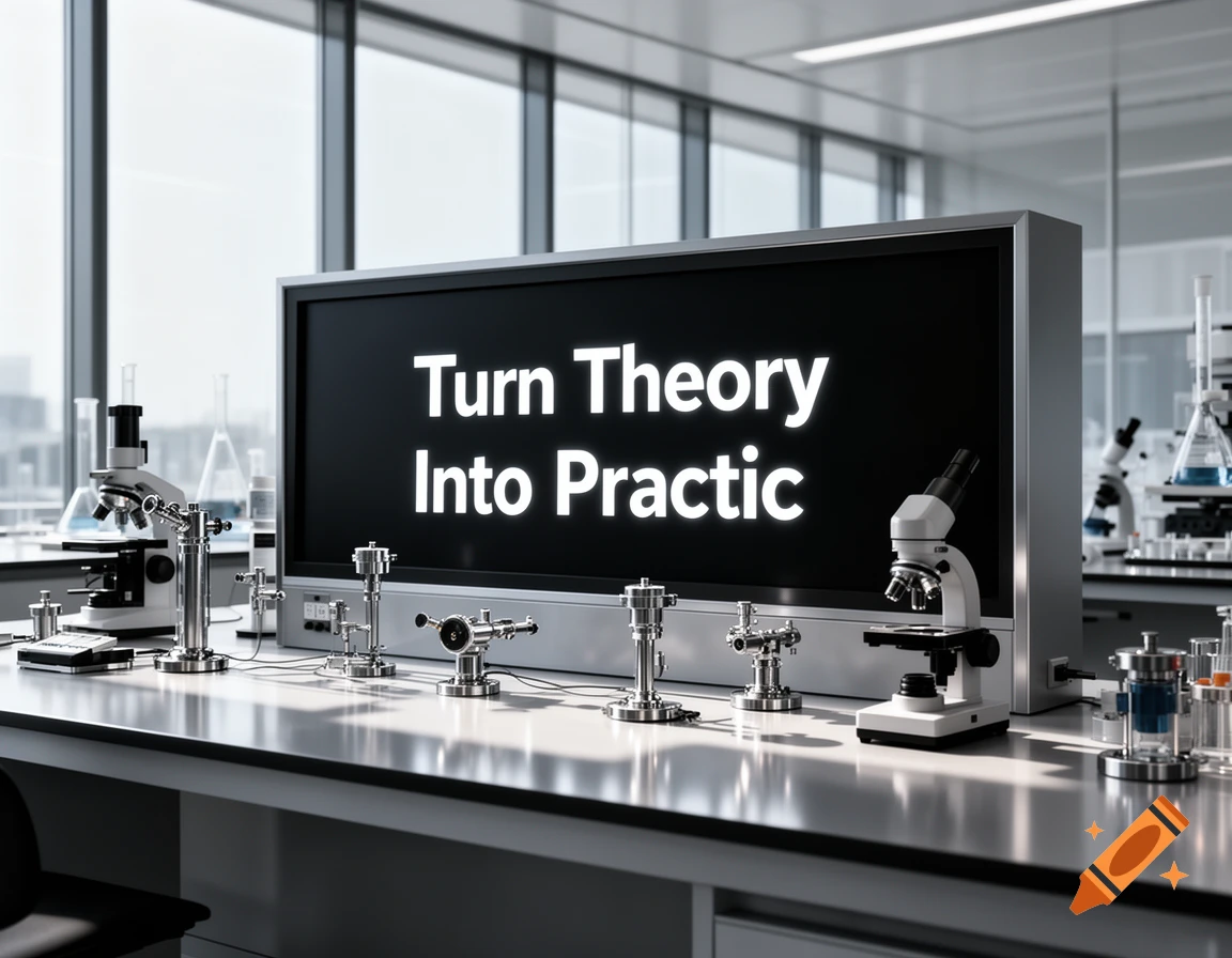 A modern science laboratory with various microscopes and scientific equipment on a long counter, featuring a large screen displaying 'Turn Theory Into Practic'.