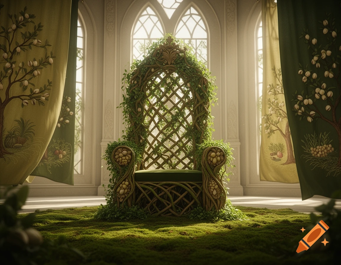 A lush, green, vine-covered throne sits on a mossy floor in an elegant fantasy room with arched windows and plant-embroidered curtains.