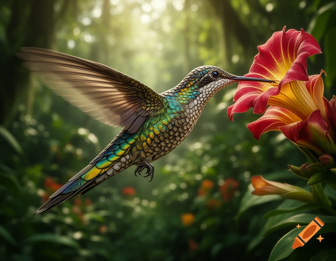 A vibrant hummingbird-like chimera with iridescent scales sips nectar from a red and orange flower in a lush green jungle.