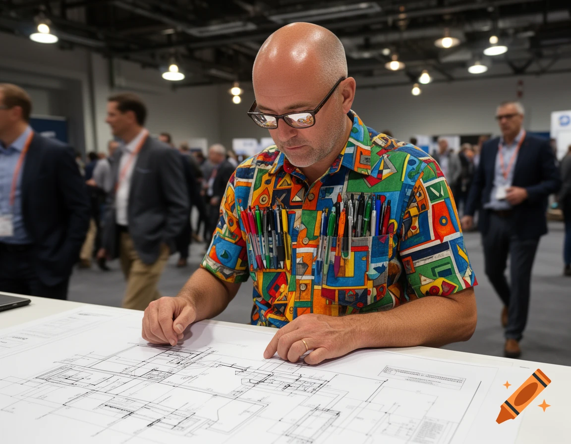 A bald man with glasses and a vibrant, patterned shirt, filled with pens, leans over a table examining blueprints in a busy indoor setting.