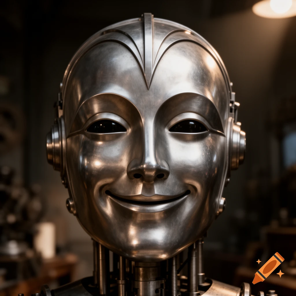 Close-up of a smiling metallic robot face with dark eyes, reminiscent of the Metropolis robot Maria, in a workshop setting.