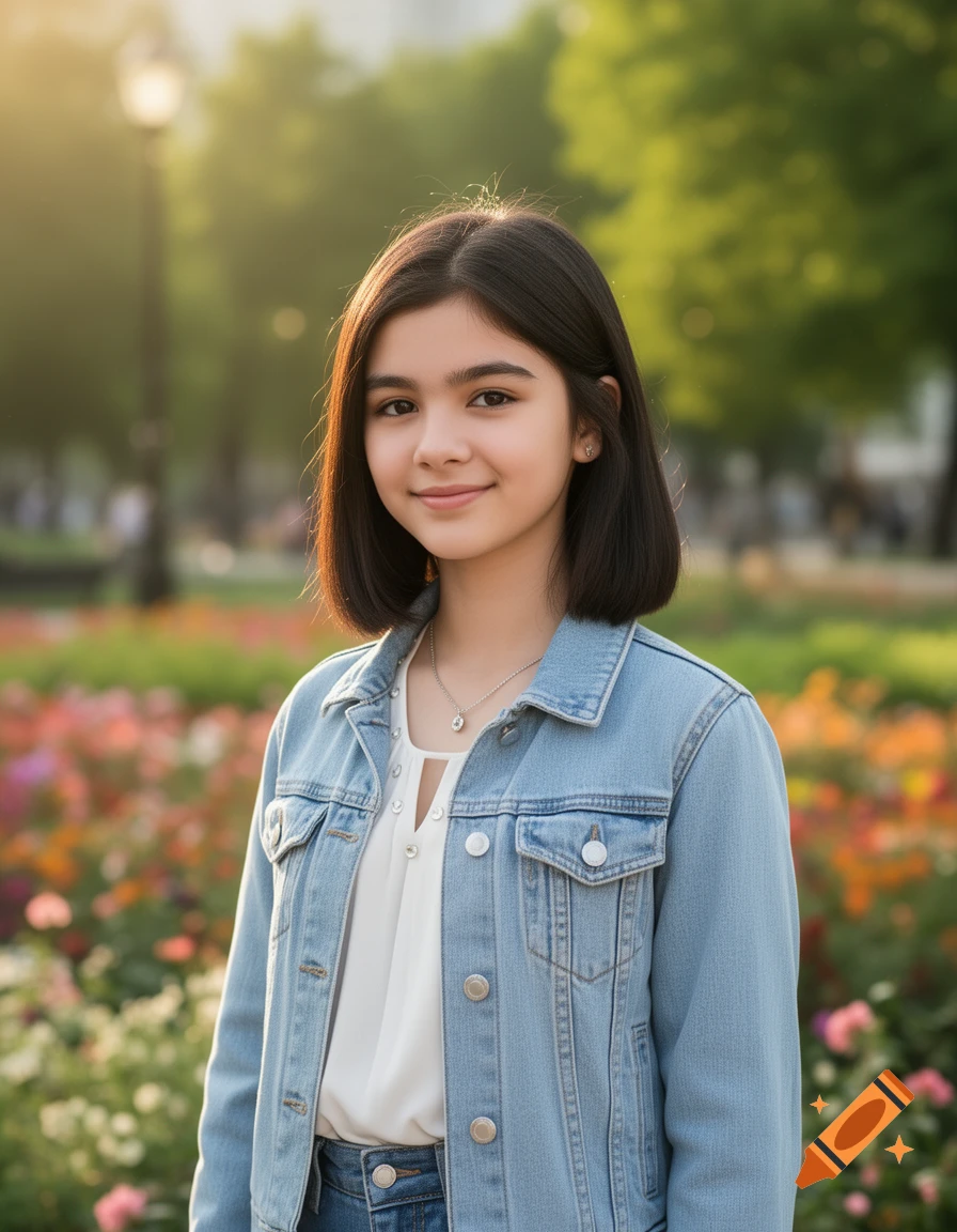 A young girl with dark hair, wearing a denim jacket and white shirt, smiles in a sunlit park with colorful flowers.