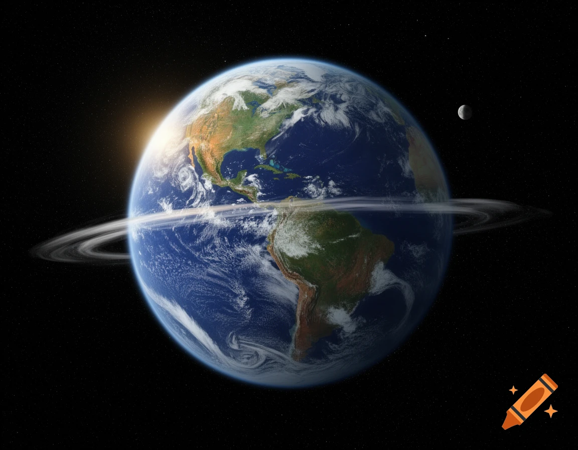 Photorealistic Earth with prominent rings, illuminated by a sun flare, against a starry space background with a distant moon.