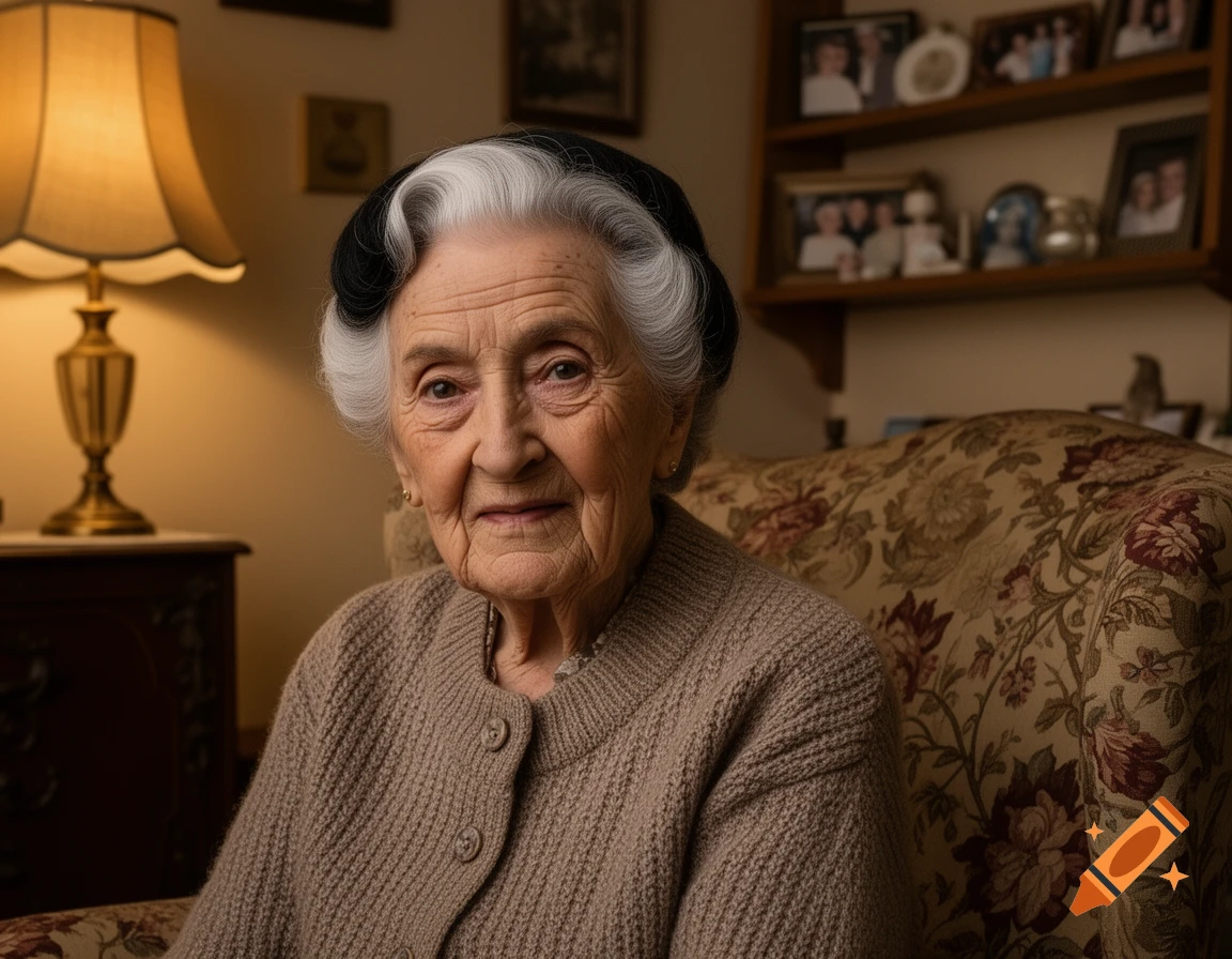 A photorealistic portrait of an elderly woman with white and dark hair, sitting in a patterned armchair indoors.