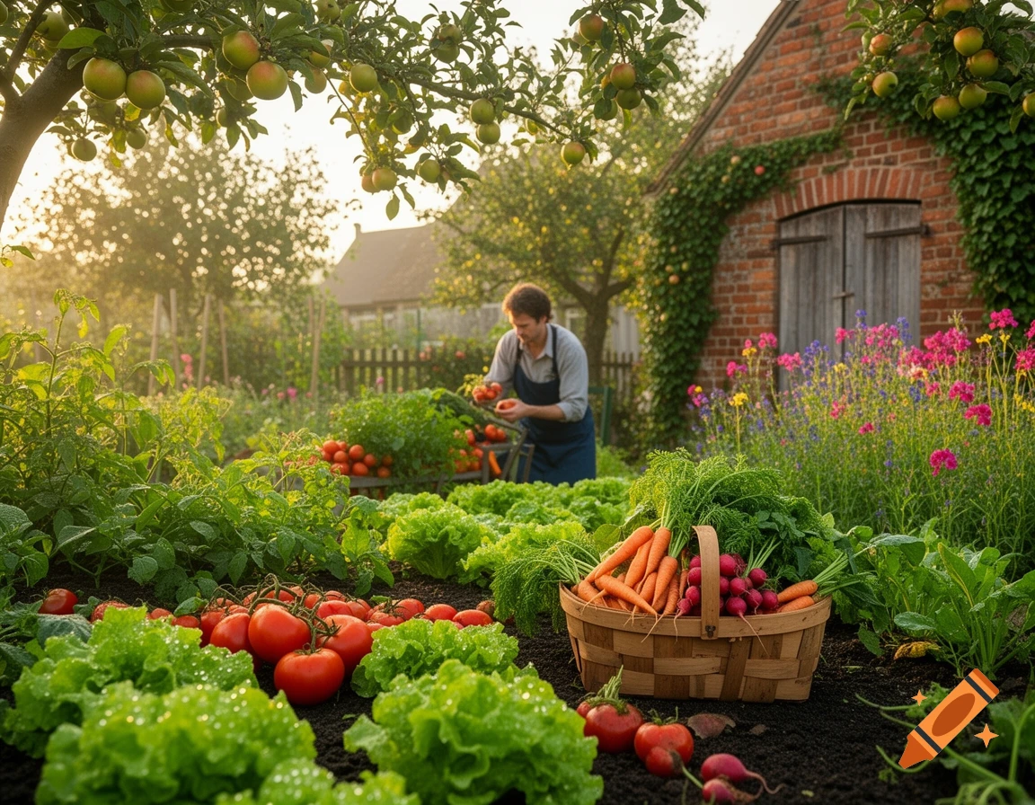 A person in an apron harvests tomatoes in a lush garden with rows of fresh vegetables, an apple tree, and a brick house at sunset.