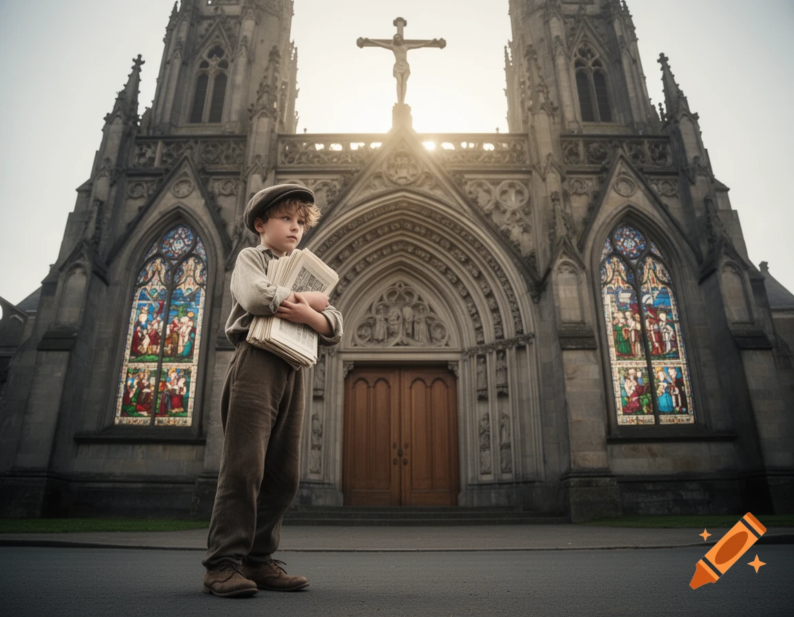 A young paperboy in a flat cap stands holding papers in front of a grand church with stained glass windows and a cross.