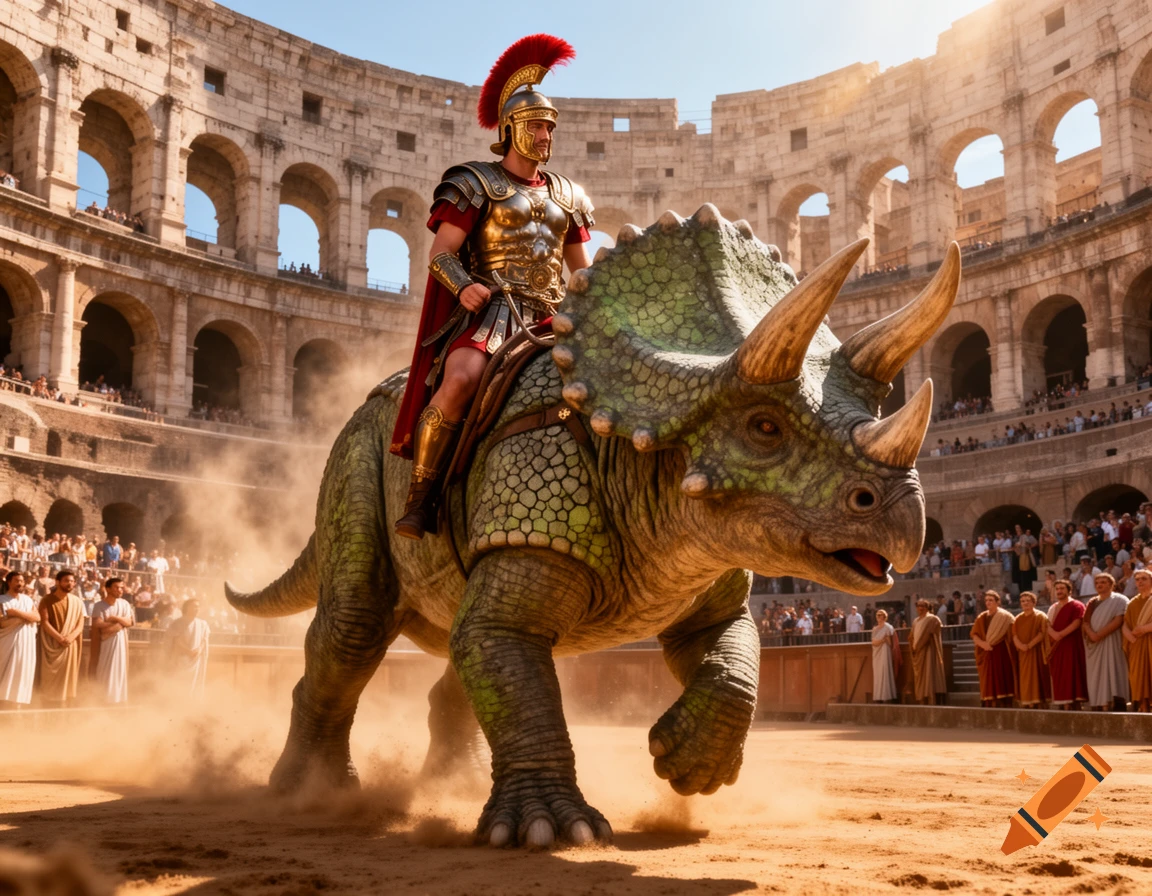 A Roman legionary in full armor rides a triceratops through a dusty Colosseum arena, with spectators in the background.