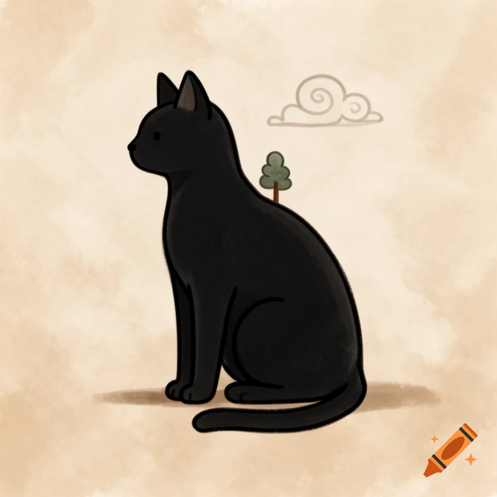 A simple illustration of a black cat sitting in profile, looking left, with a small tree and a stylized cloud in the background.