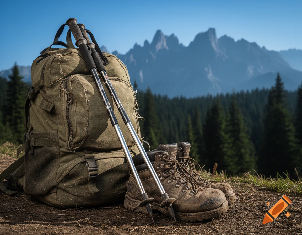 Hiking backpack, boots, and poles on a dirt path with pine trees and mountains under a clear blue sky.