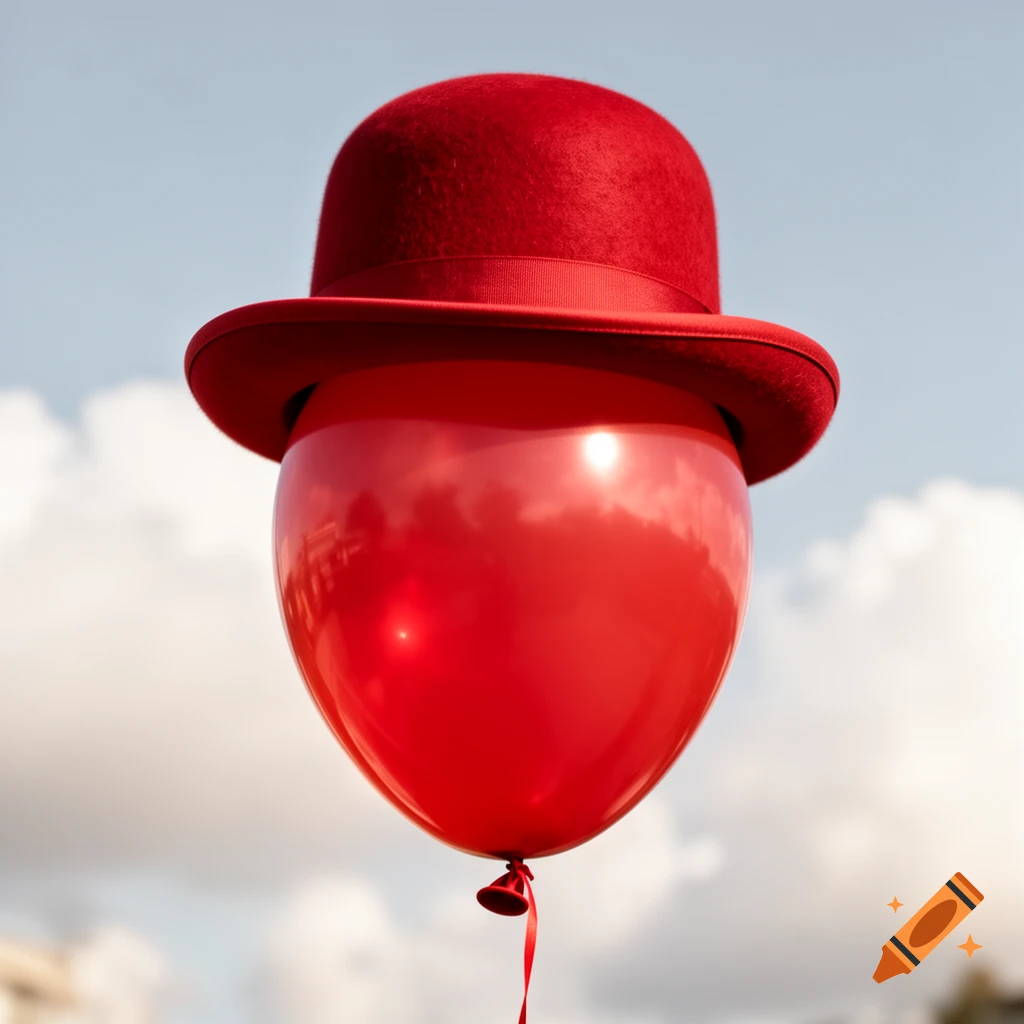 A red balloon with a red bowler hat against a cloudy blue sky.
