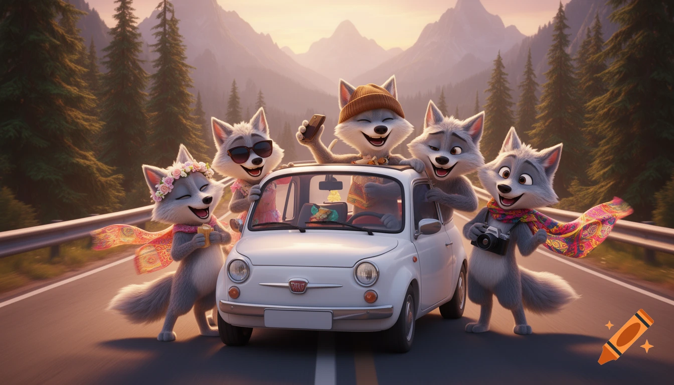 Five anthropomorphic cartoon wolves on a scenic mountain road trip in a small white car, laughing and taking photos during golden hour.