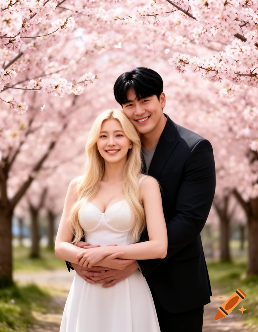 A smiling couple embracing under blooming cherry blossom trees in a photorealistic style.