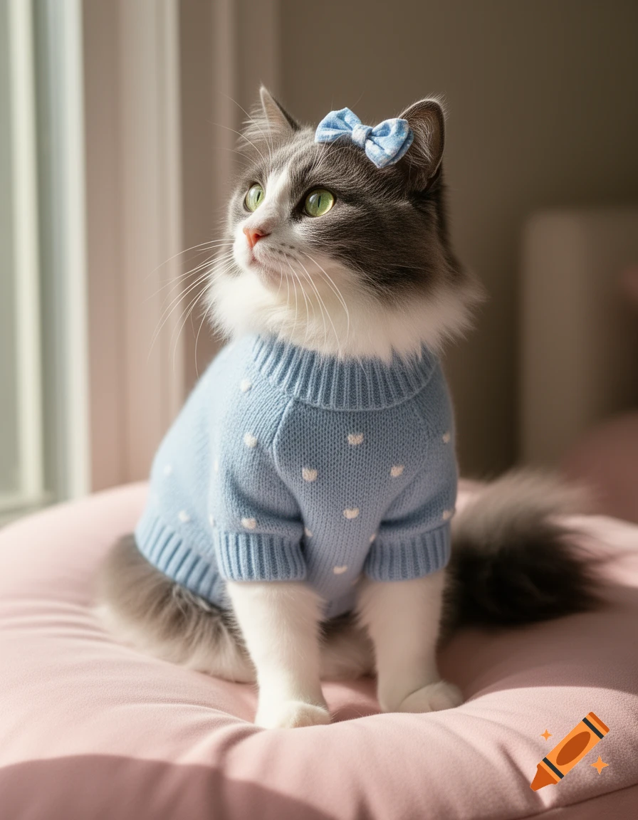 A gray and white cat with green eyes wears a light blue sweater with white hearts and a blue bow, sitting on a pink cushion.