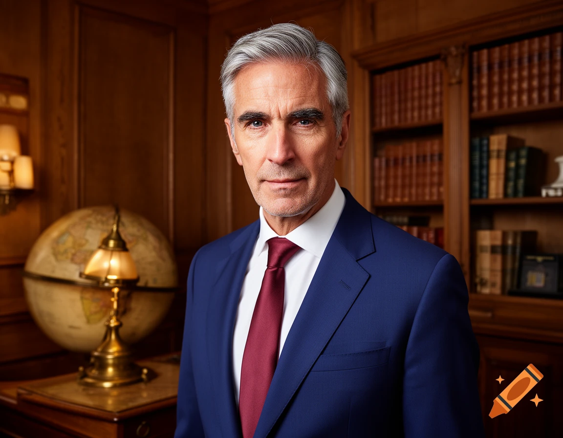 Photorealistic portrait of a serious, gray-haired man in a blue suit and red tie, in a wood-paneled study with a globe and bookshelves.