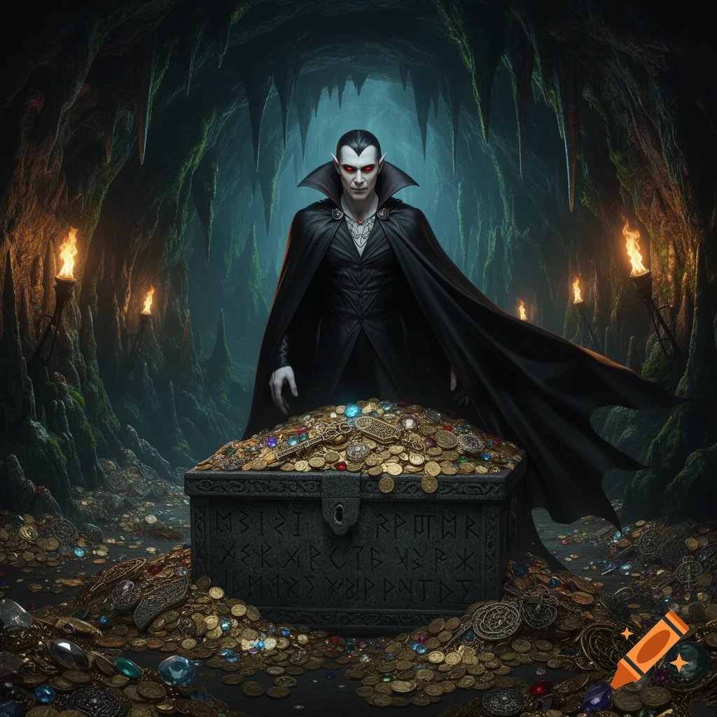 A pale vampire with red eyes and a black cape stands in a torchlit cave behind a chest overflowing with gold coins and jewels.