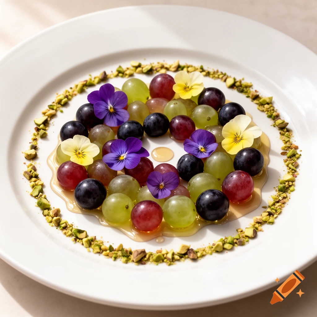 A close-up of a white plate with green, red, and black grapes, yellow and purple pansies, honey, and chopped pistachios arranged in a circular pattern.