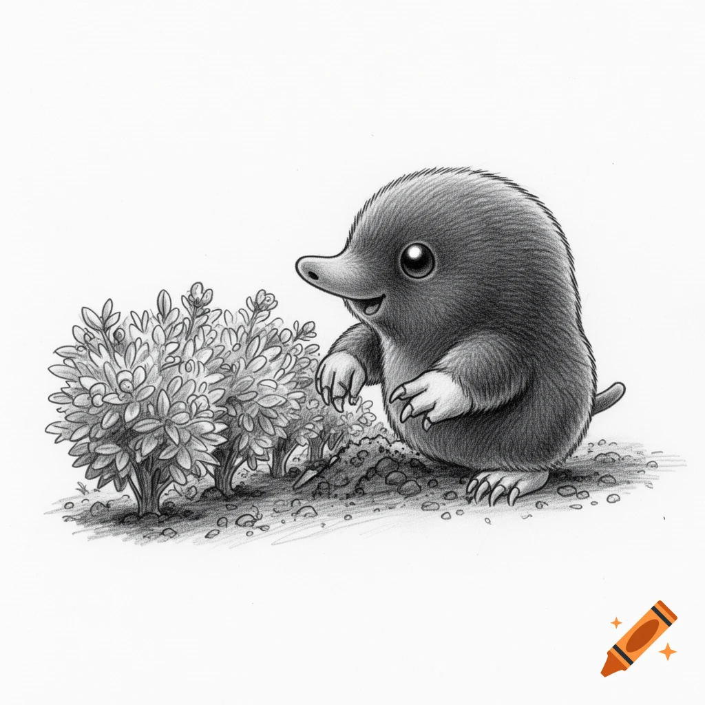 Pencil sketch of a cute mole with large eyes smiling next to a row of small bushes.