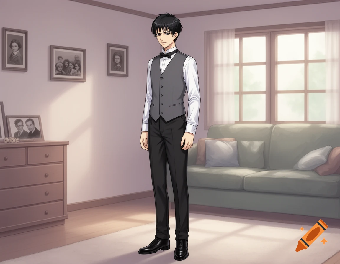 A young man with black hair wearing a butler uniform stands in an anime style living room with a couch and framed photos.