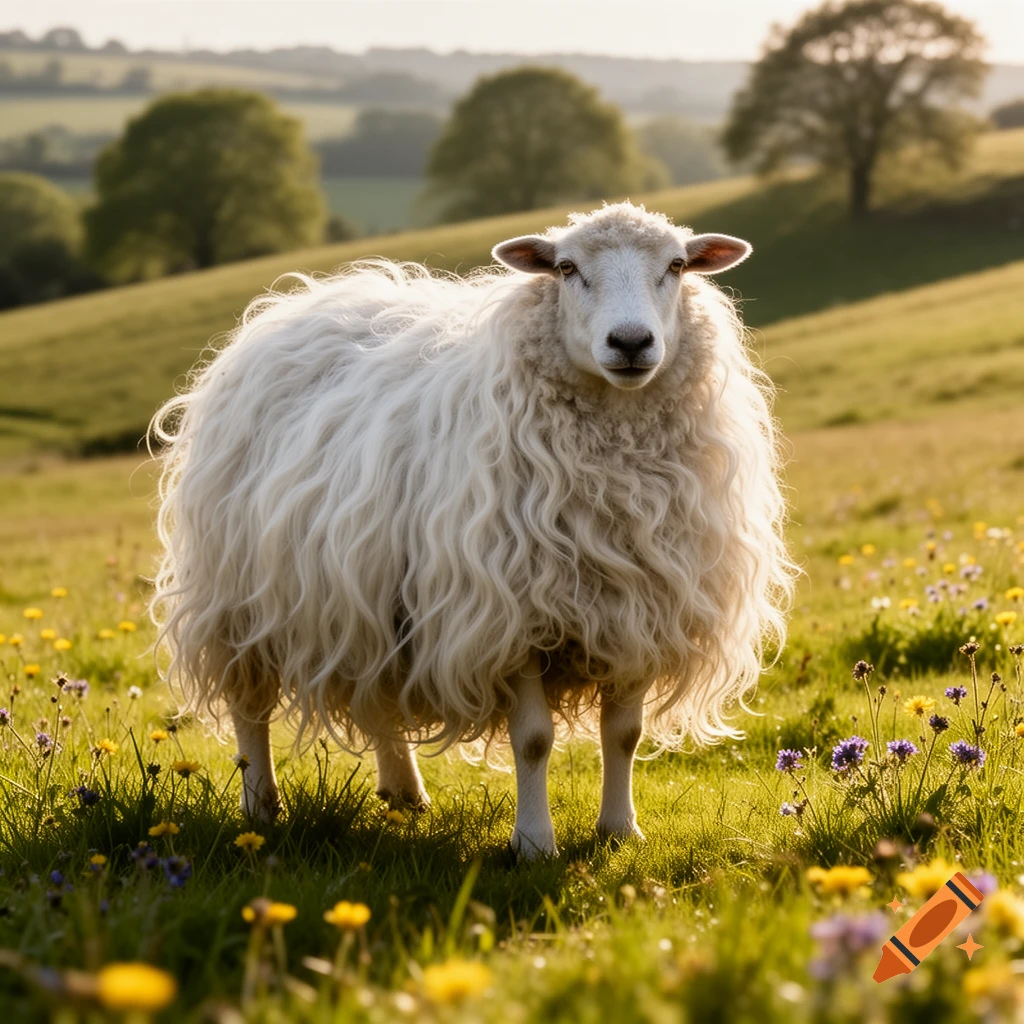 A photorealistic sheep with long, wavy white wool stands in a sunny green field filled with yellow and purple wildflowers.