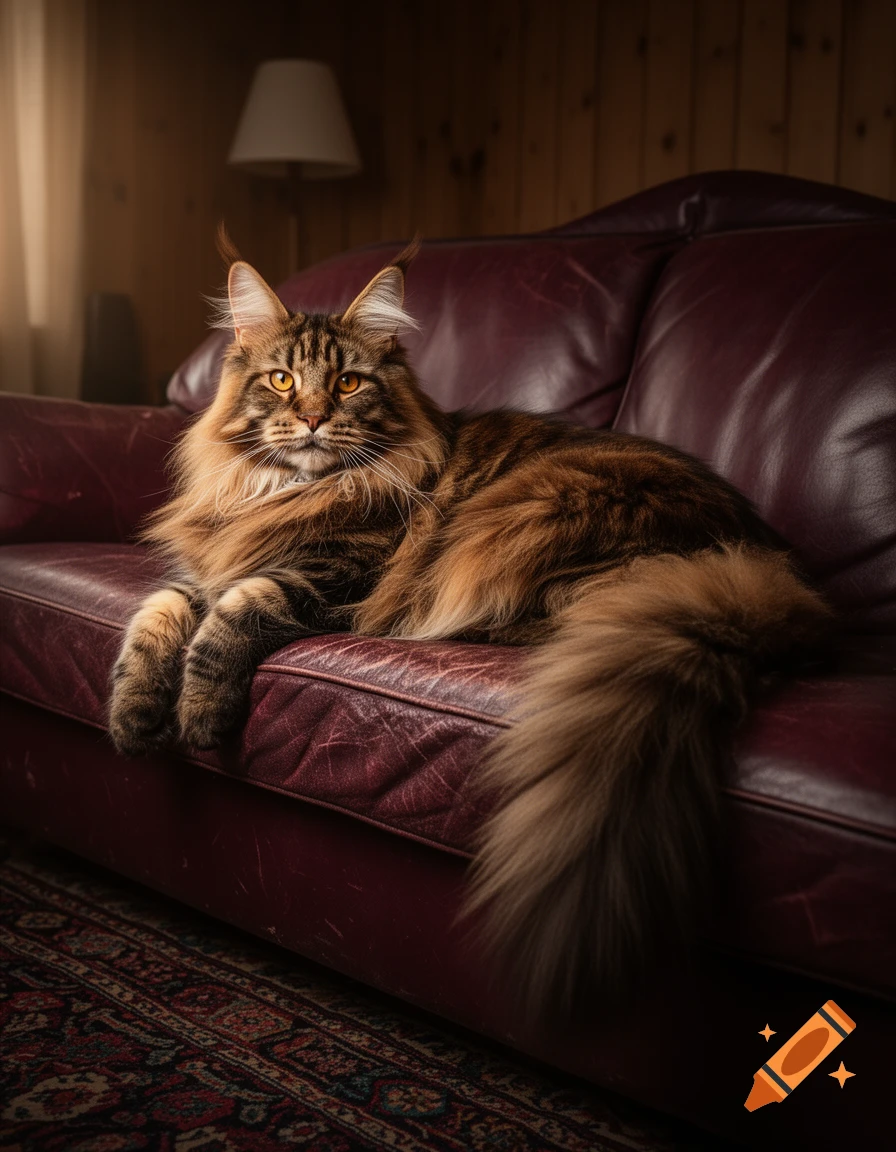 A fluffy brown and black Maine Coon cat with amber eyes lies on a dark red leather couch in a dimly lit room, looking directly at the viewer.